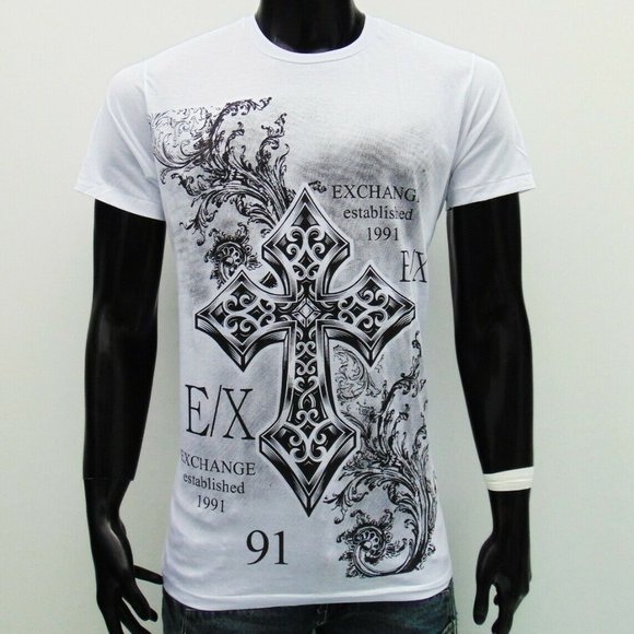 NWT EXCHANGE BIG CROSS TATTOO MEN'S WHITE CREW NECK SHORT SLEEVE T-SHIRT SIZE XL - Picture 1 of 4
